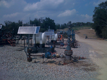 Completed EQT Corp. well head and solar operated telemetry unit located near the Borough of Waynesburg in Greene Co., PA about 60 miles southwest of Pittsburgh. Photo credit Josephine Sabillon.